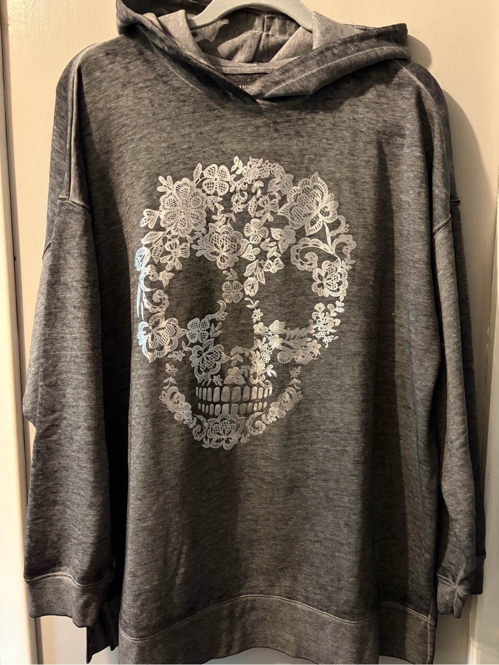 Lane Bryant Gray Crewneck Sweatshirt with Silver Floral Skull Graphic